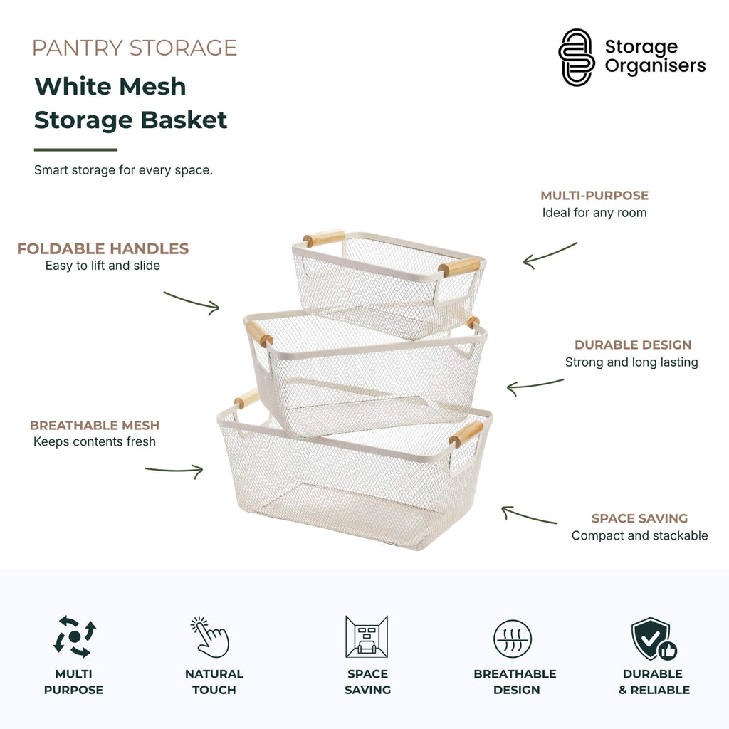 White Mesh Storage Basket with Wooden Handles