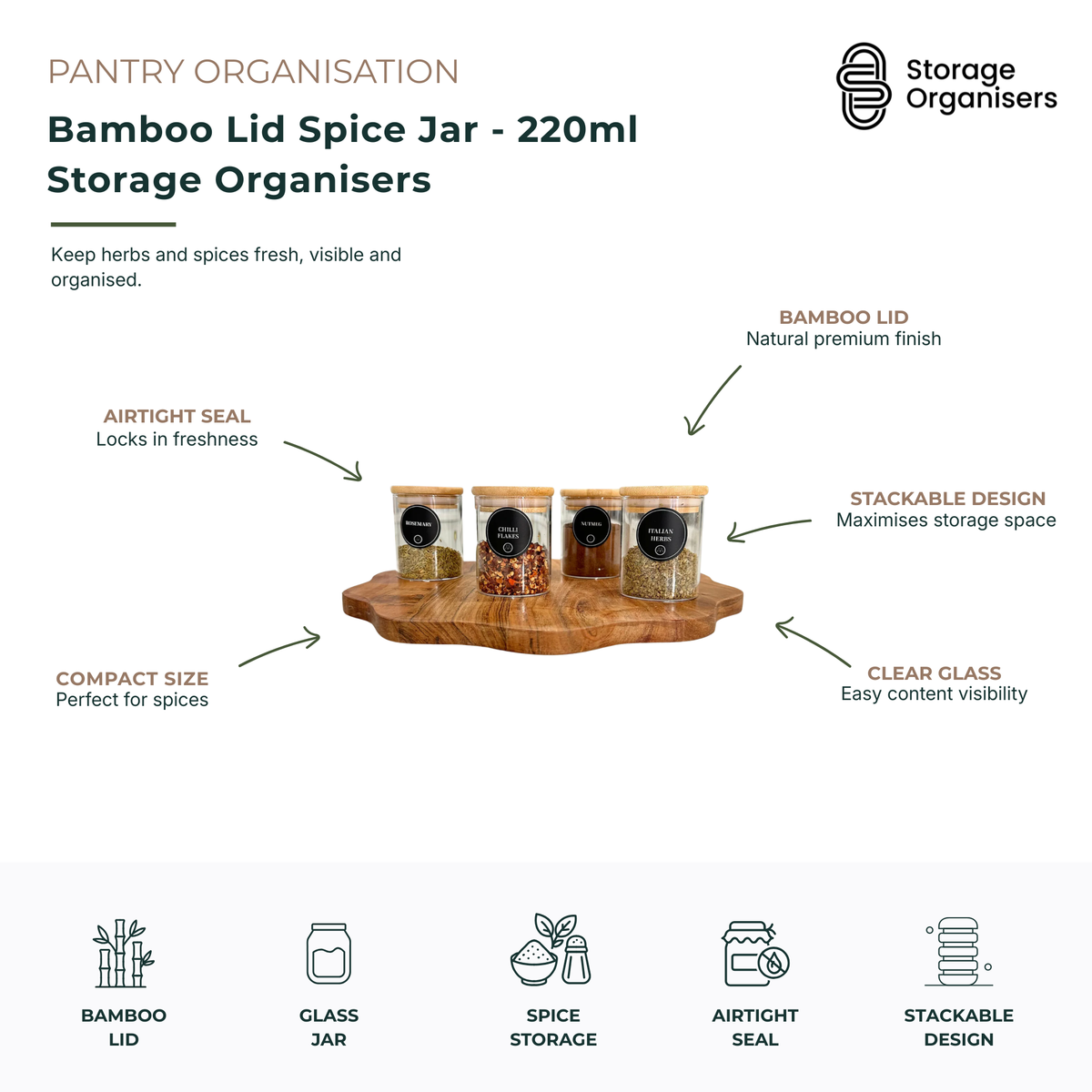 Bamboo Lid Spice Jar - 220ml Storage Organisers
